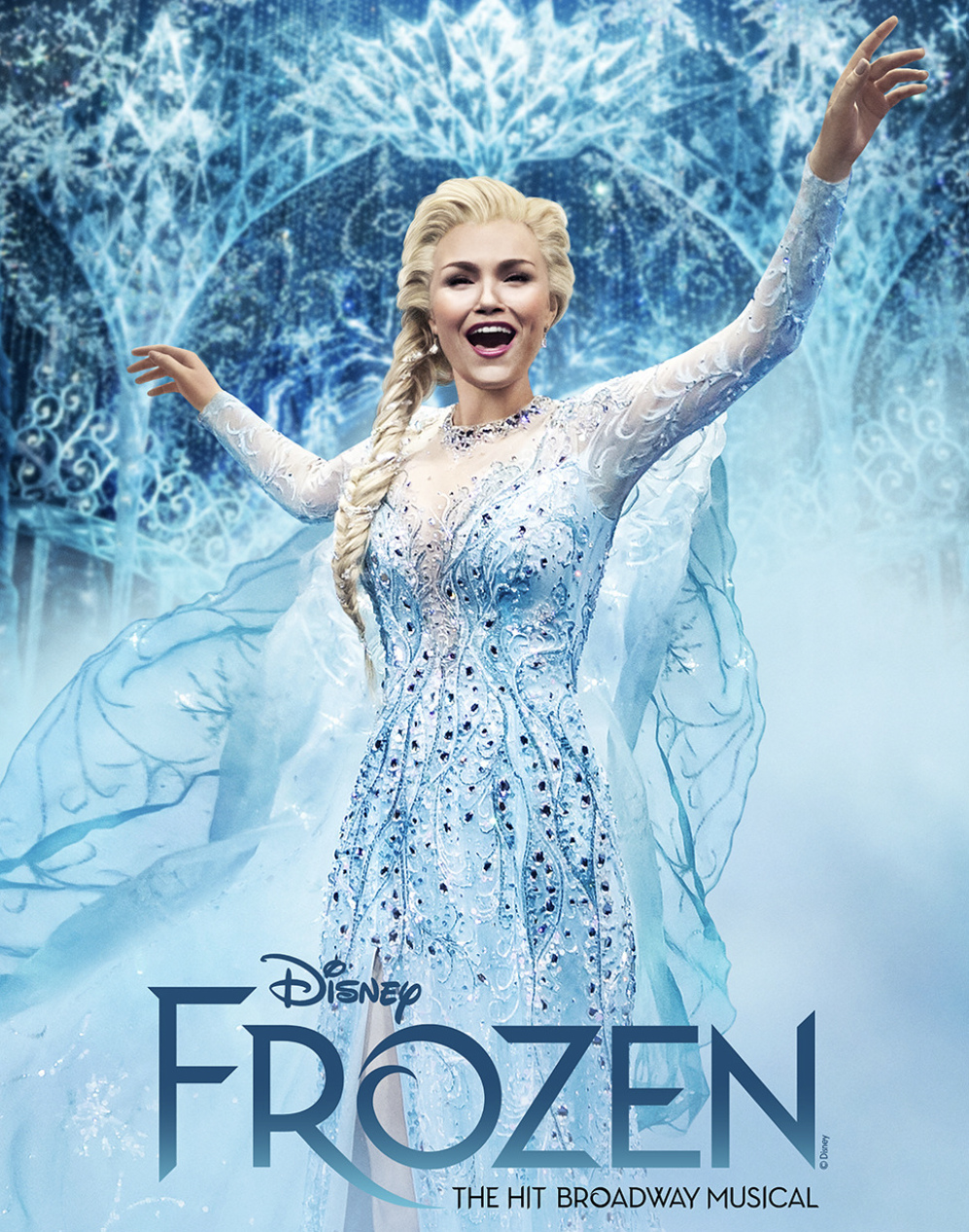 Official Disney Frozen musical promotional artwork, showing Elsa in a blue embellished costume